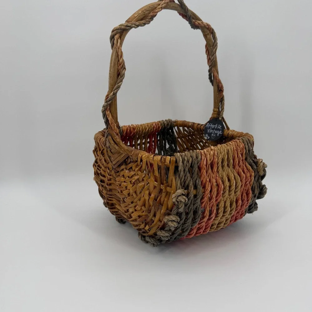 Vintage Multi-Tonal Woven Wicker Basket with Twisted Handle Square Base Rustic